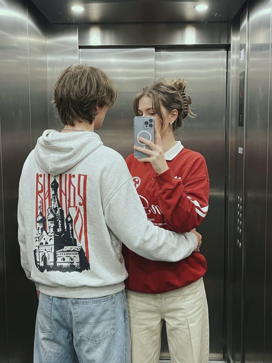 Парень в худи «Родина» с принтом на спине и девушка в регбийке FanBox — одежда FANBOX